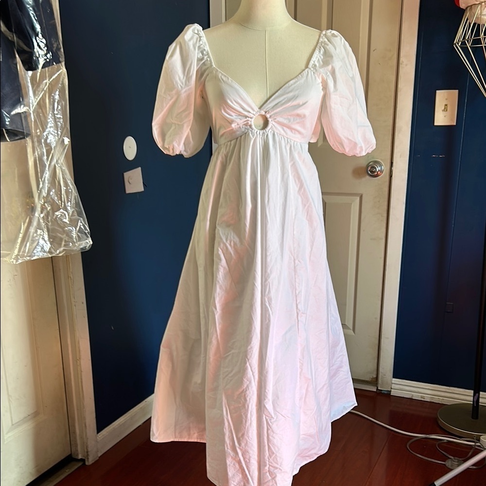Elegant white Pink Puff Sleeve Dress - Picture 2 of 9